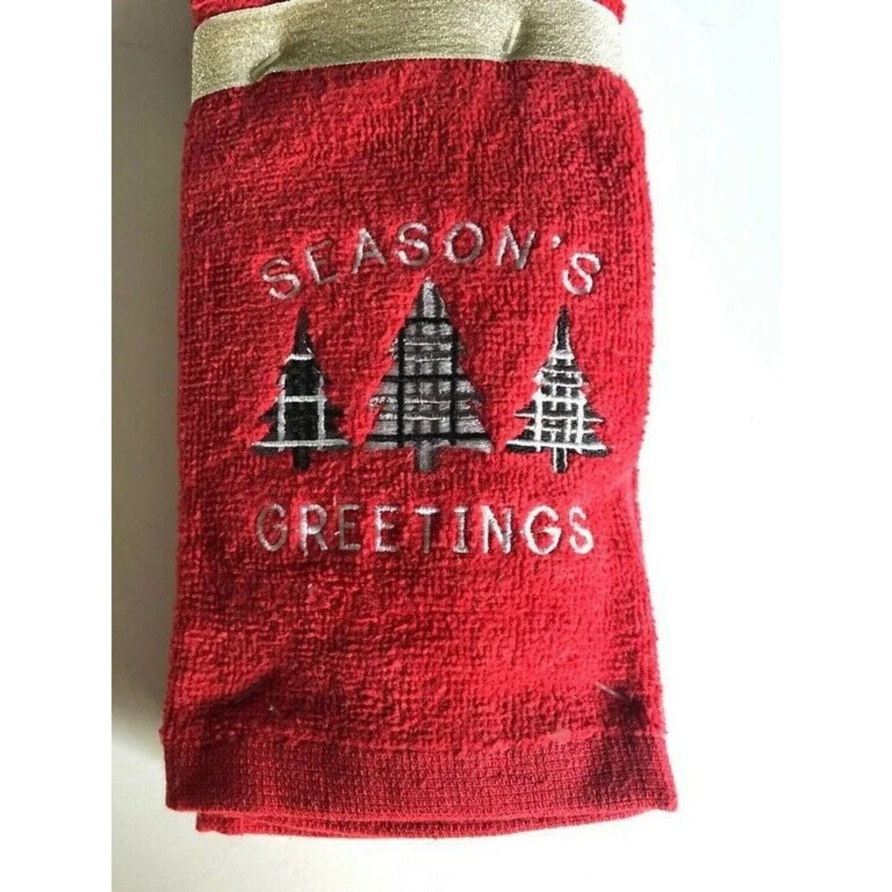 Christmas Fingertip Towels Seasons Greetings Embroidered Holiday Red Set of 2